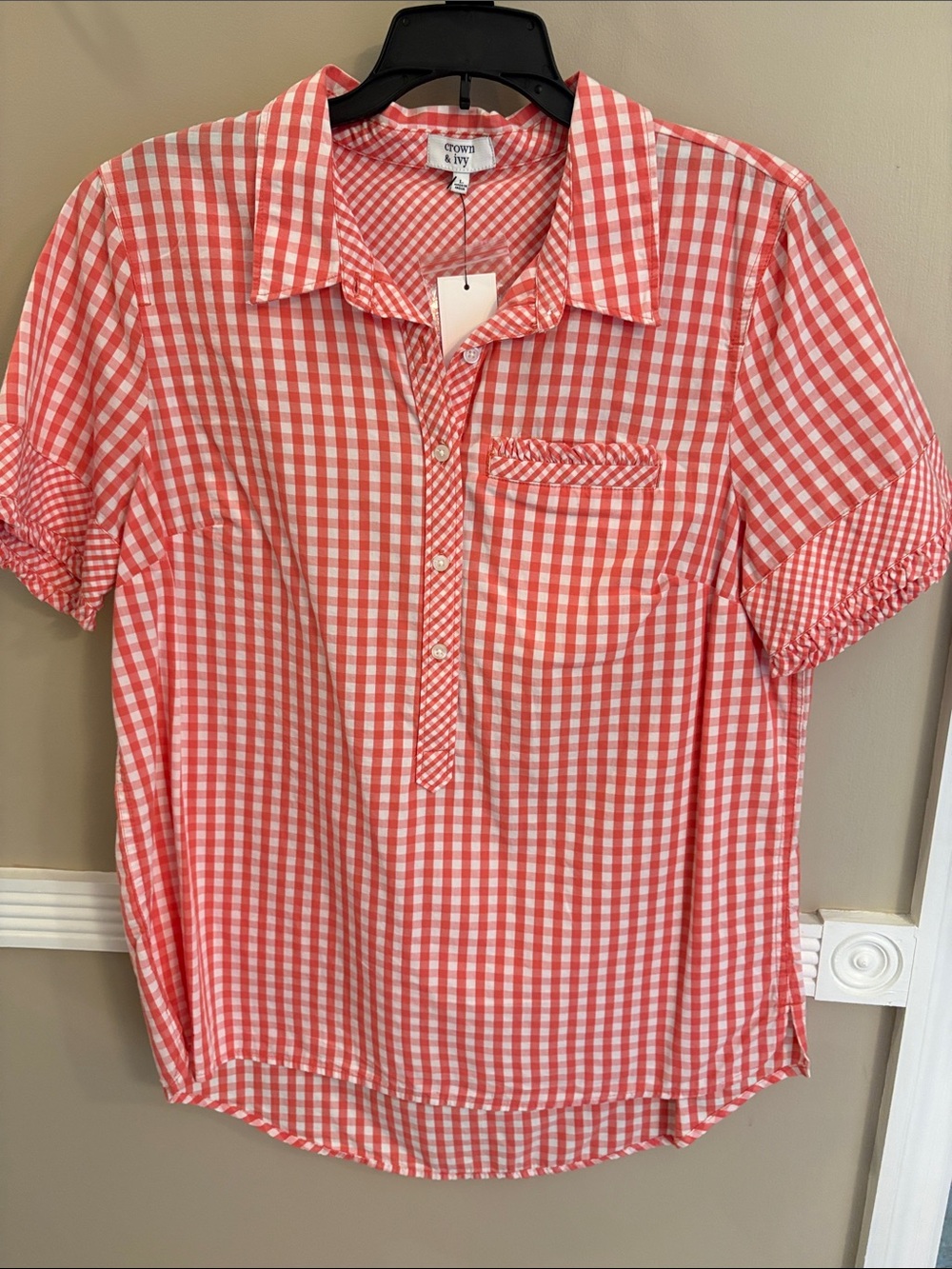 crown & ivy Coral and White Gingham Short-Sleeve Button Shirt